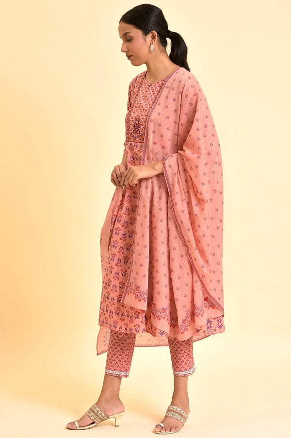 Pink Printed A-Line Kurta, Pants And Dupatta Set