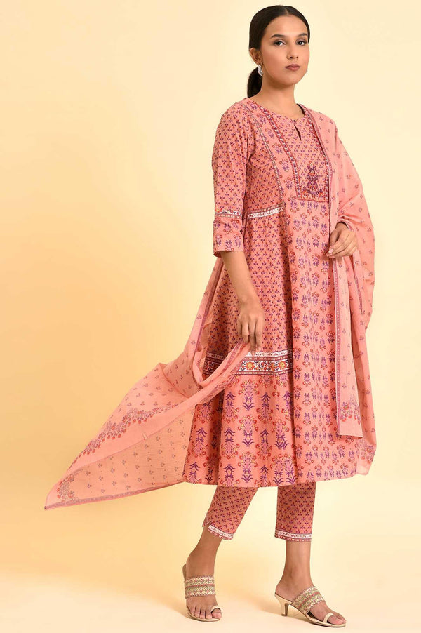 Pink Printed A-Line Kurta, Pants And Dupatta Set