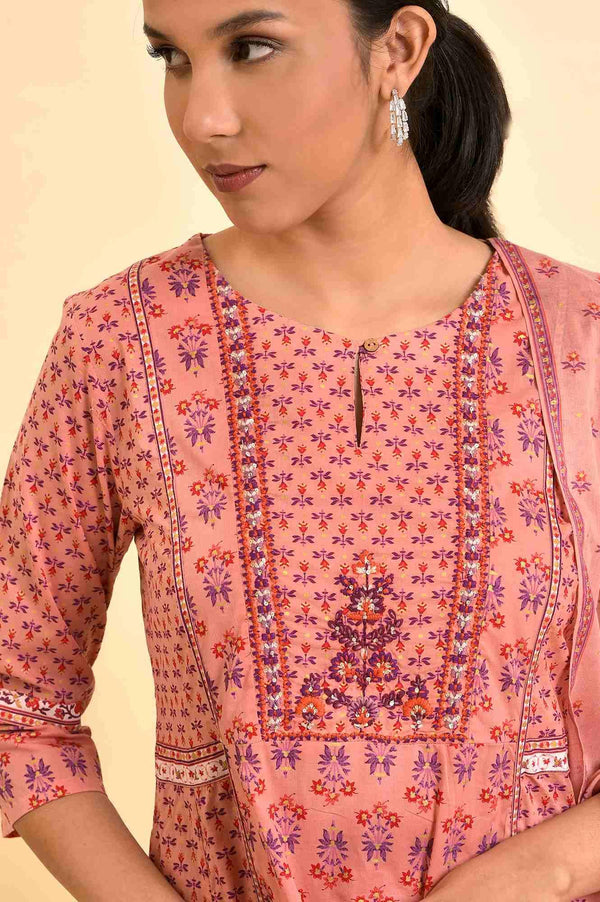 Pink Printed A-Line Kurta, Pants And Dupatta Set
