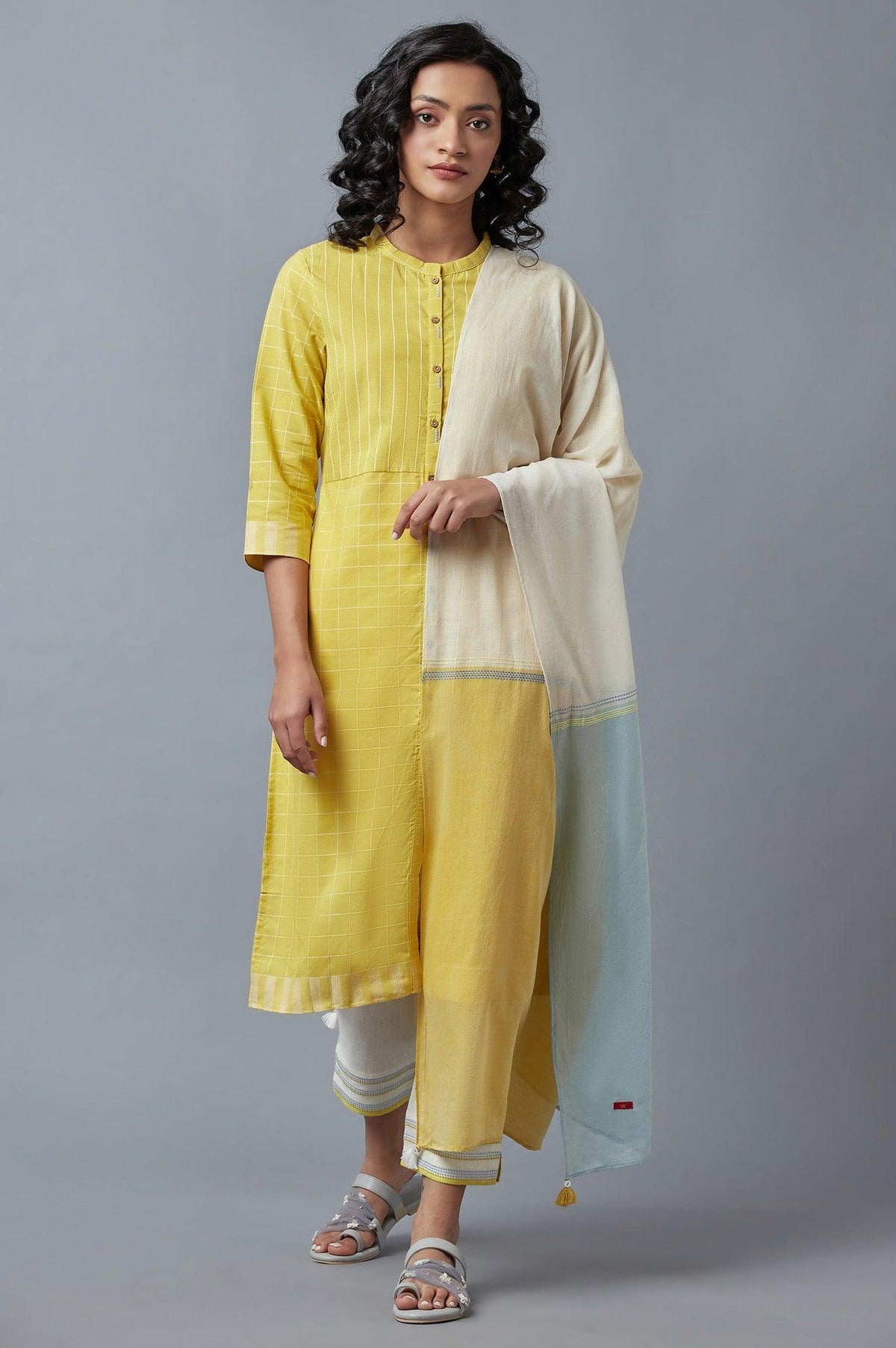 Yellow Dobby Straight kurta With Ecru Slim Pants And Dupatta - XS