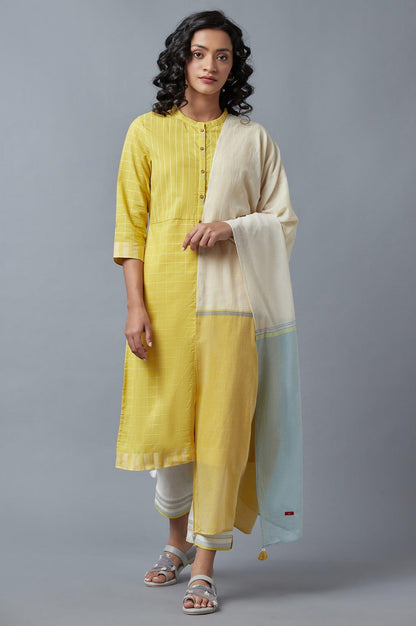 Yellow Dobby Straight kurta With Ecru Slim Pants And Dupatta - wforwoman