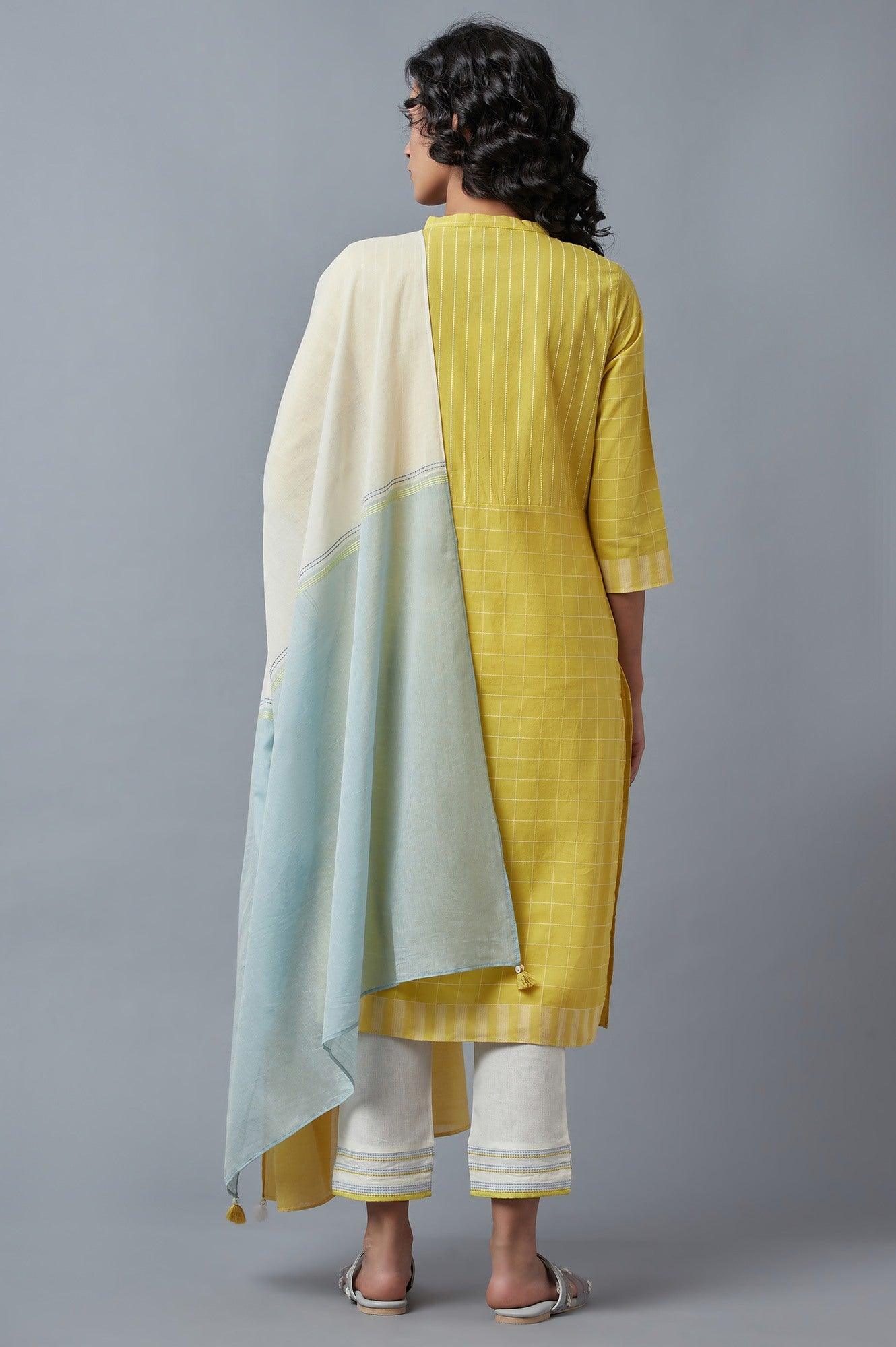 Yellow Dobby Straight kurta With Ecru Slim Pants And Dupatta - wforwoman
