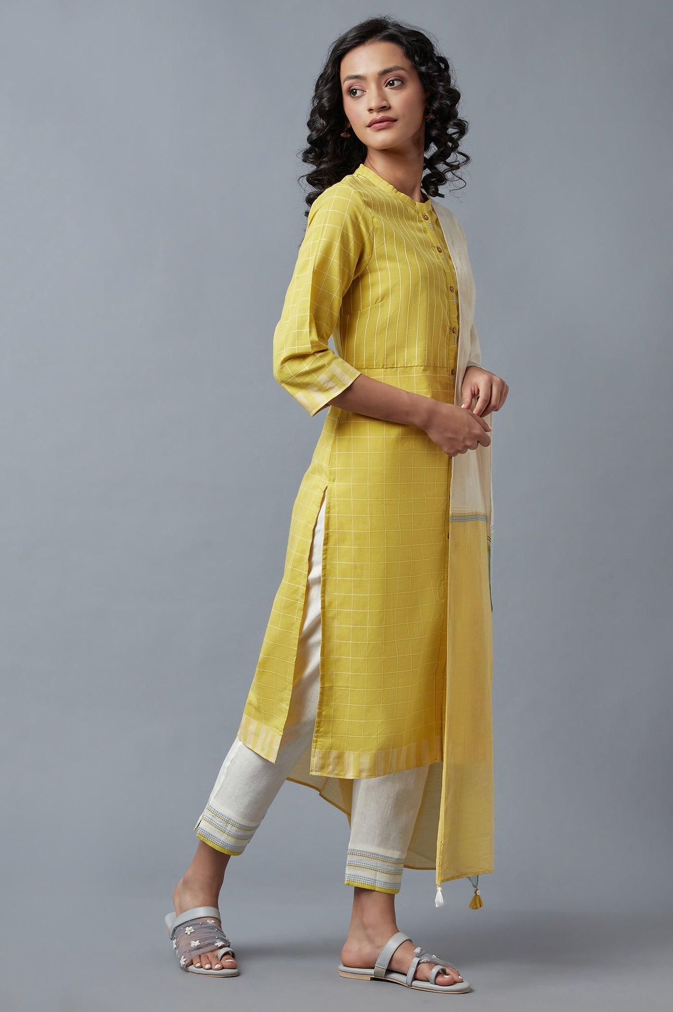 Yellow Dobby Straight kurta With Ecru Slim Pants And Dupatta - wforwoman