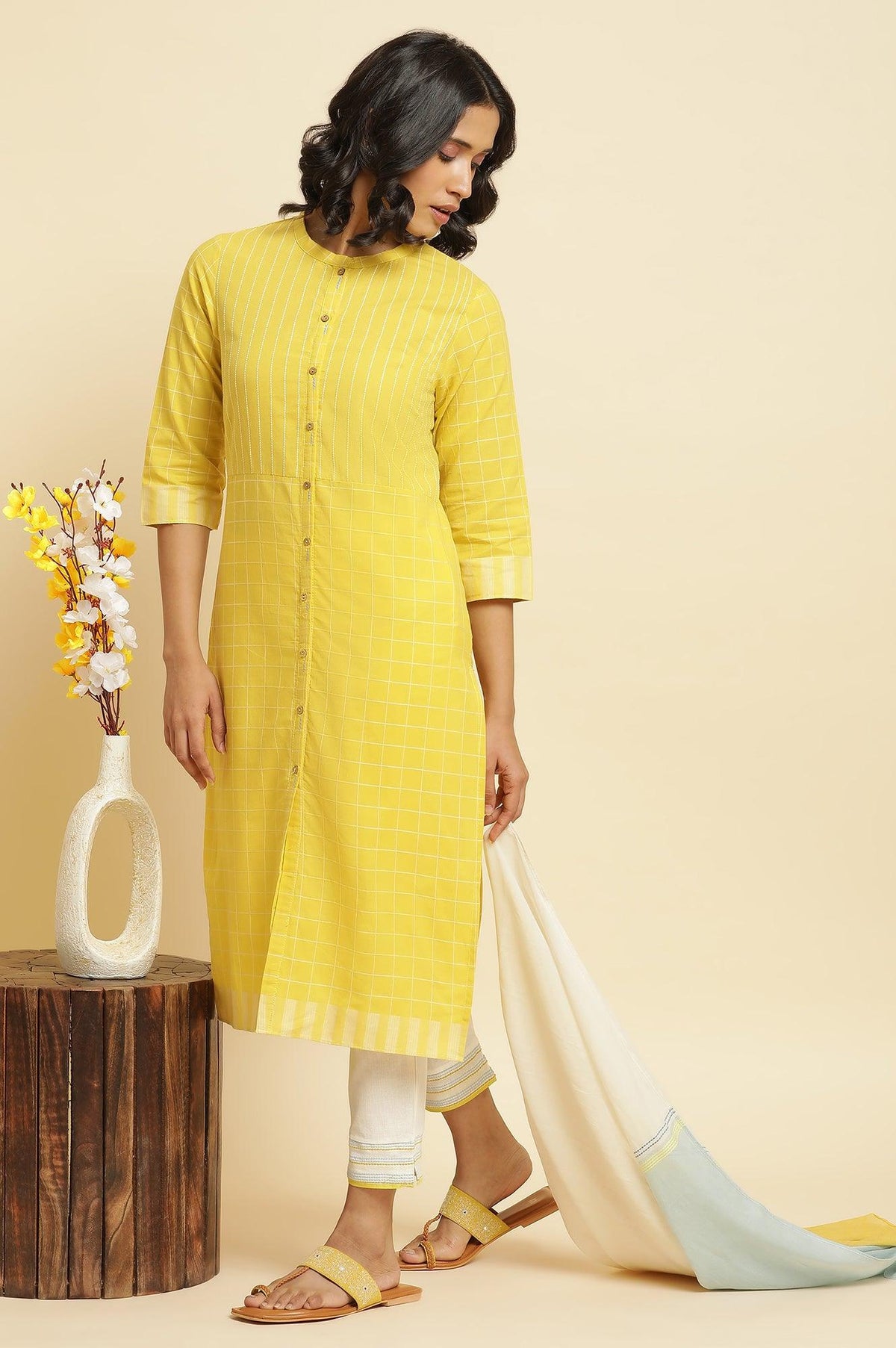 Yellow Cotton Dobby Kurta, Pants & Dupatta Set - XS