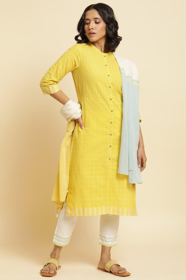 Yellow Cotton Dobby Kurta, Pants & Dupatta Set