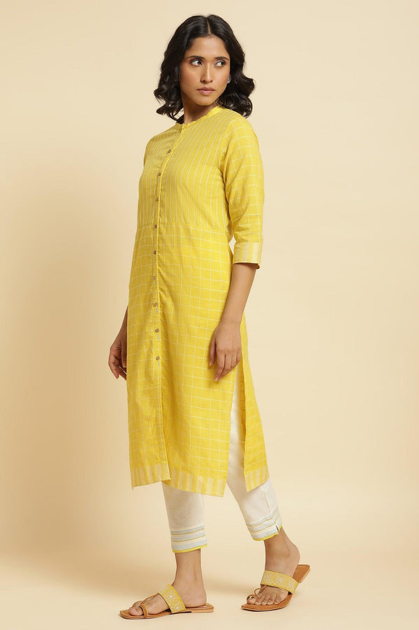 Yellow Cotton Dobby Kurta, Pants & Dupatta Set
