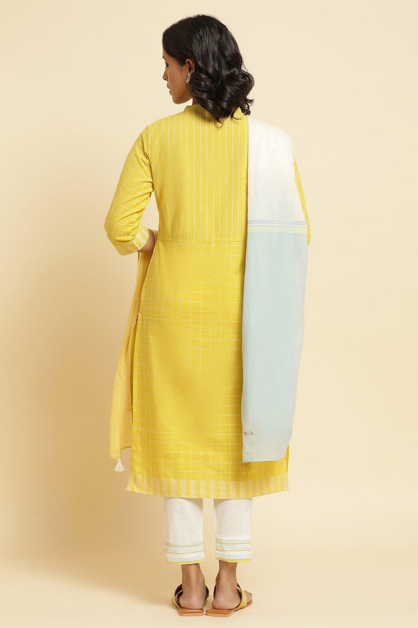 Yellow Cotton Dobby Kurta, Pants & Dupatta Set