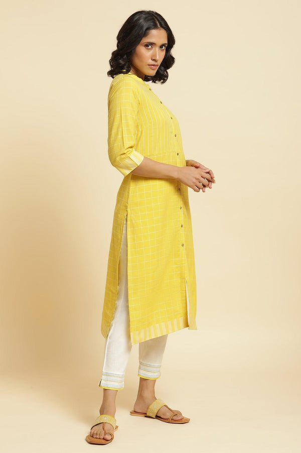 Yellow Cotton Dobby Kurta, Pants & Dupatta Set