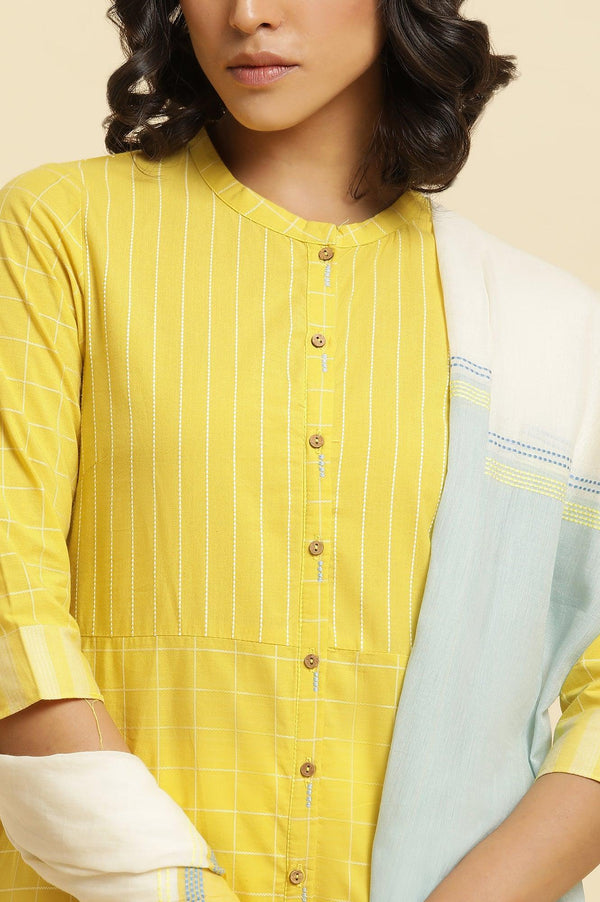 Yellow Cotton Dobby Kurta, Pants & Dupatta Set