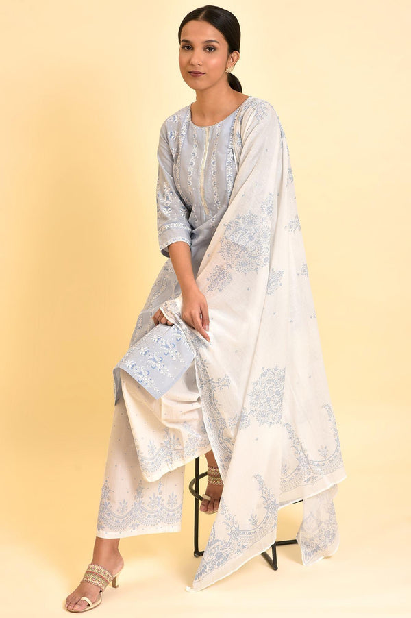 Blue Printed Sequined Kurta, Parallel Pants And Dupatta Set