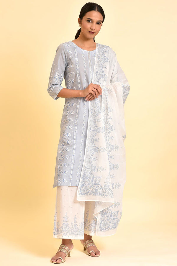 Blue Printed Sequined Kurta, Parallel Pants And Dupatta Set