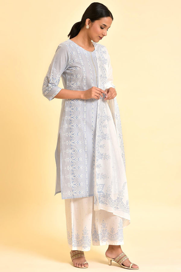 Blue Printed Sequined Kurta, Parallel Pants And Dupatta Set