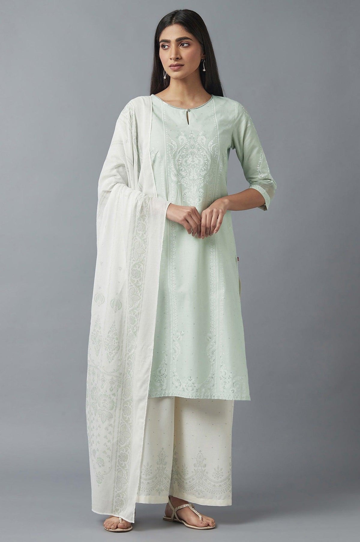 Light Green Embroidered kurta with Parallel Pants and Dupatta - XS