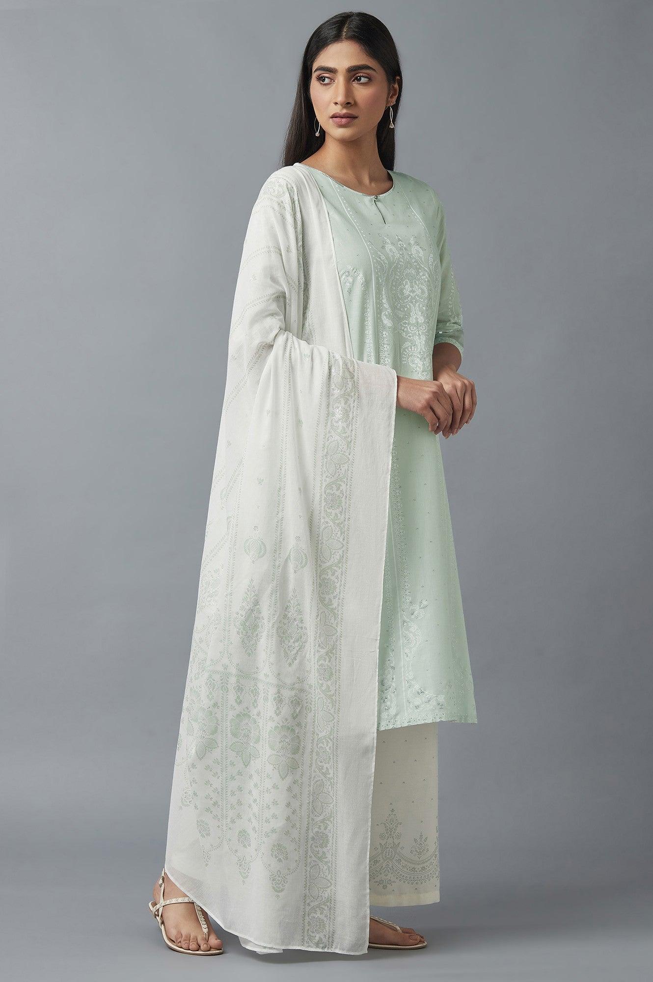 Light Green Embroidered kurta with Parallel Pants and Dupatta - wforwoman