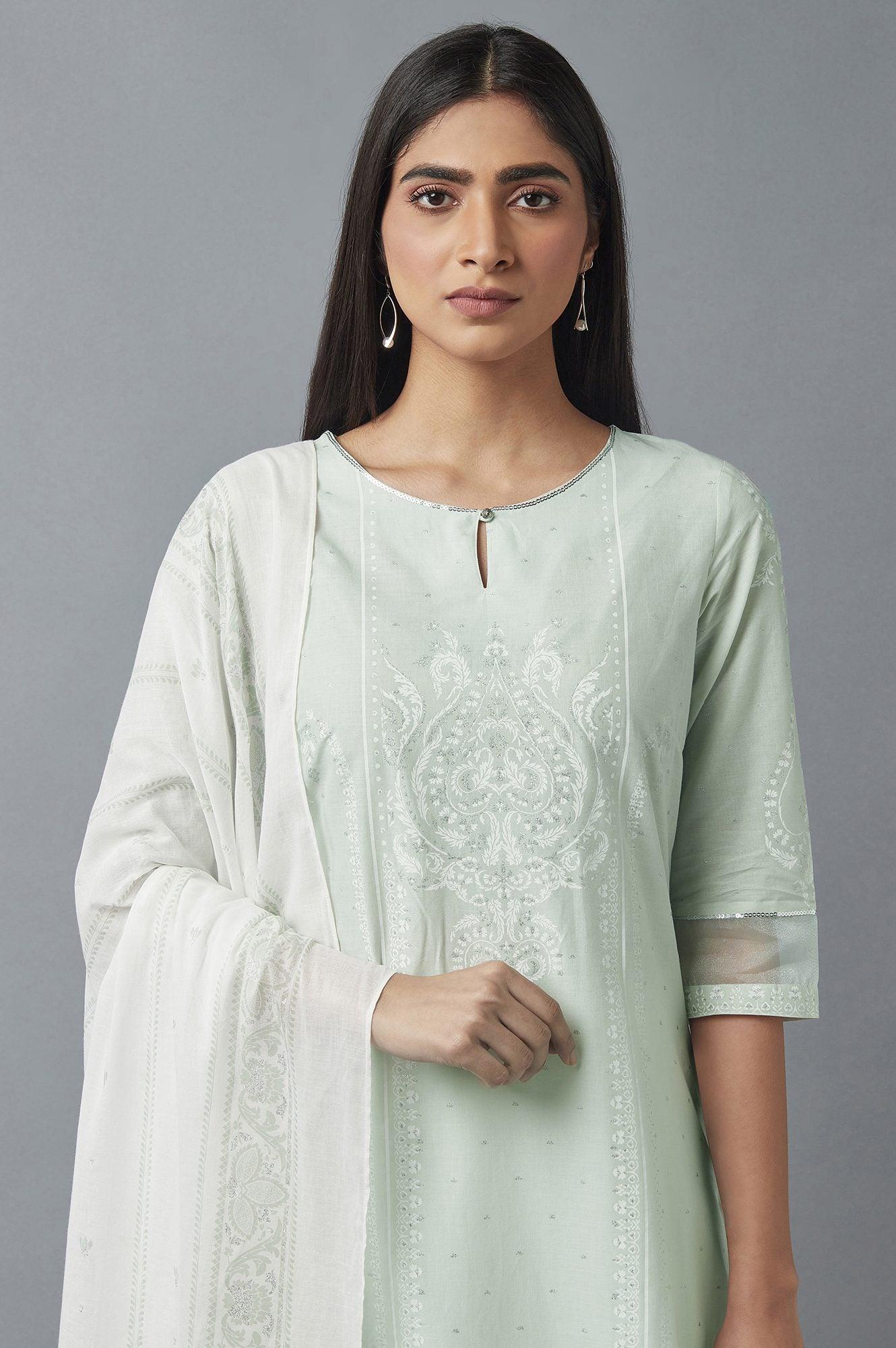 Light Green Embroidered kurta with Parallel Pants and Dupatta - wforwoman