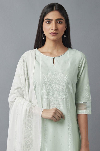 Light Green Embroidered kurta with Parallel Pants and Dupatta - wforwoman