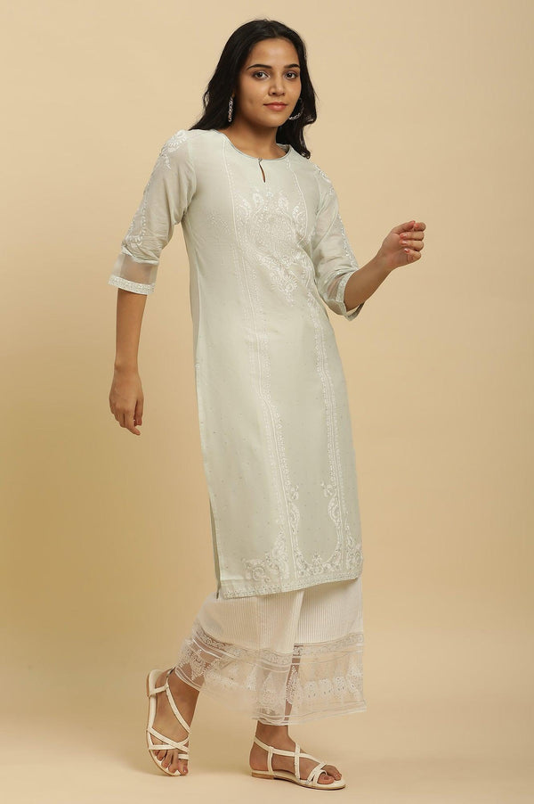 Green Printed Straight Kurta, Parallel Pants And Dupatta Set