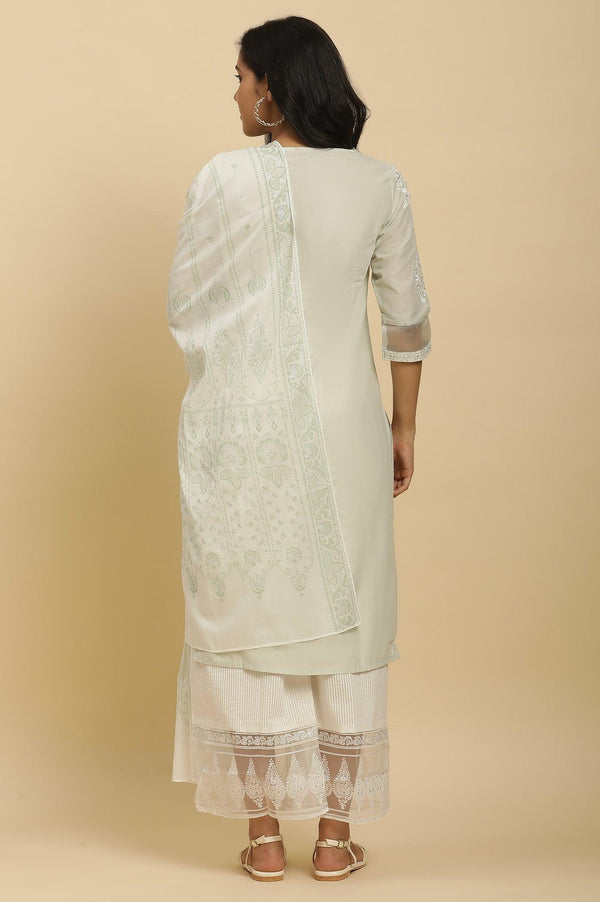 Green Printed Straight Kurta, Parallel Pants And Dupatta Set