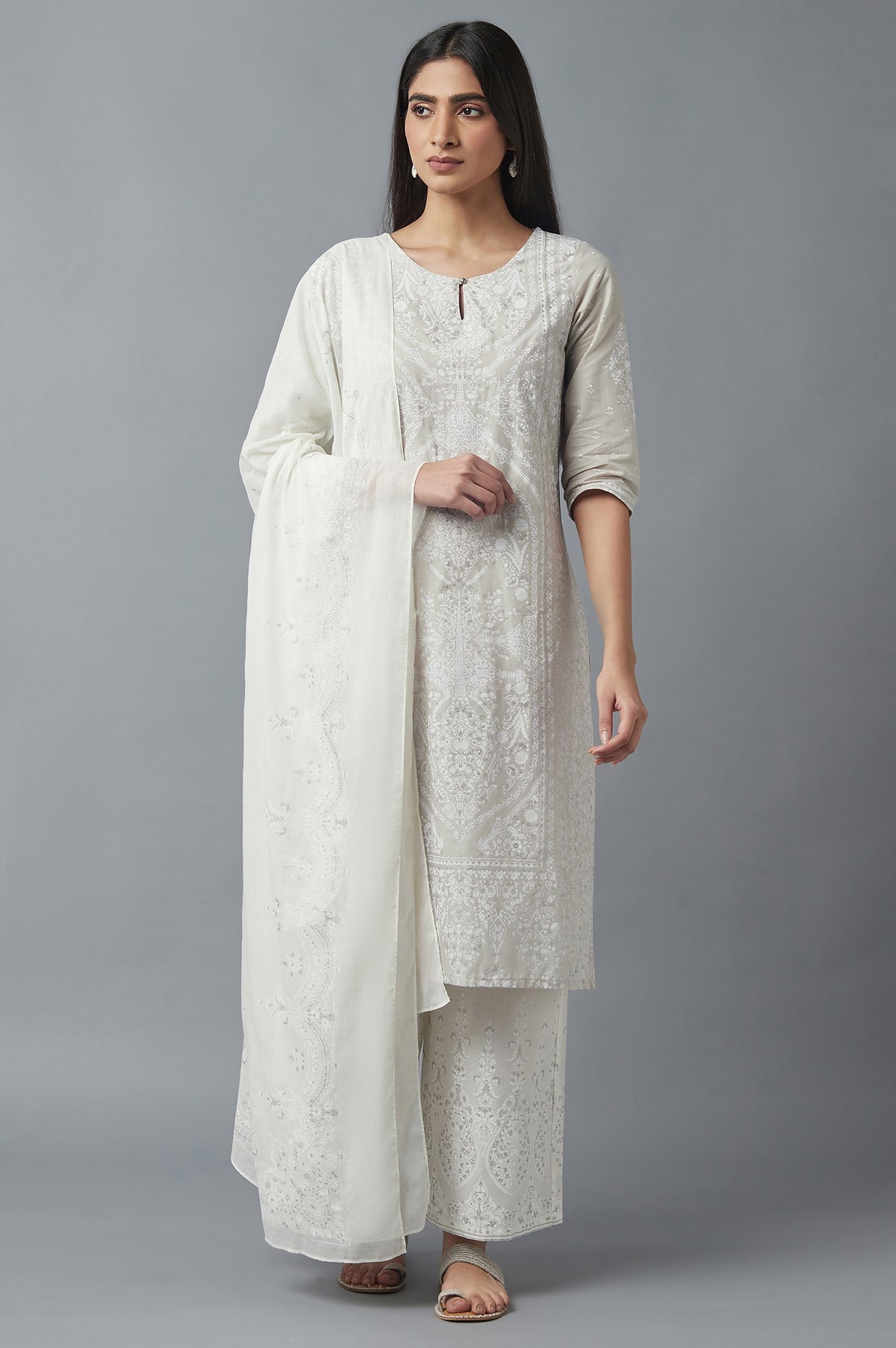 Light Grey Embroidered Kurta With Parallel Pants And Dupatta - XS