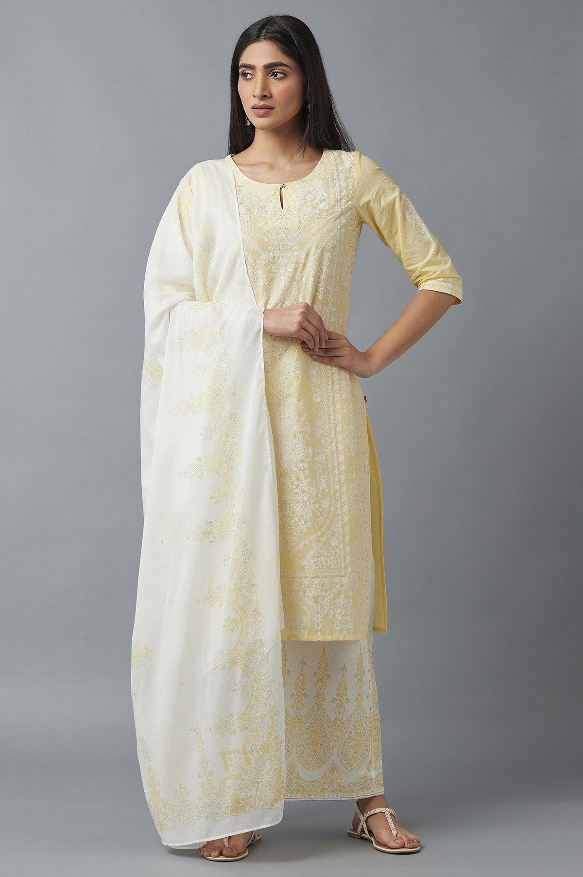 Yellow Embroidered kurta with Parallel Pants and Dupatta - XS