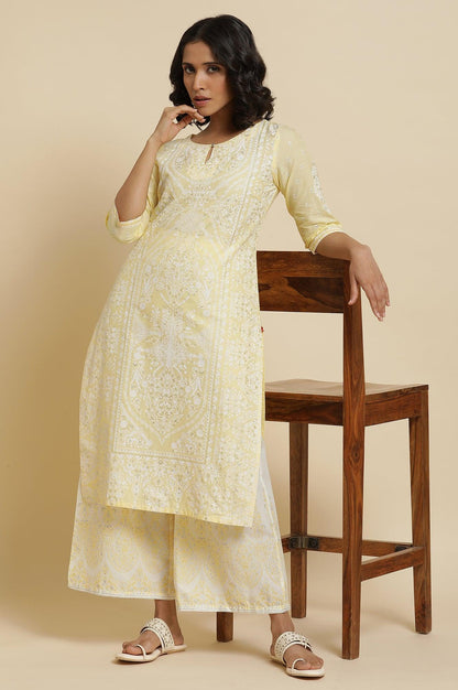 Yellow Glitter Printed Kurta &amp; Parallel Pants - wforwoman