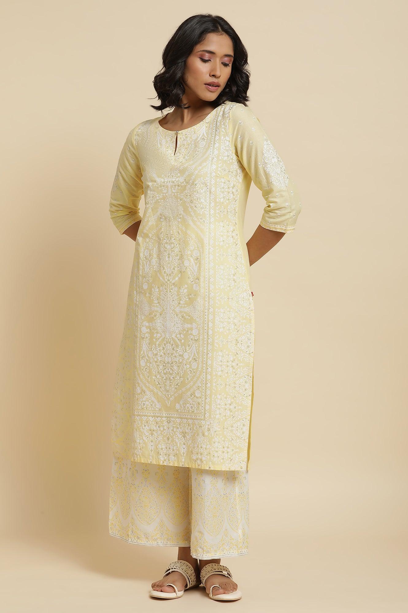 Yellow Glitter Printed Kurta &amp; Parallel Pants - wforwoman