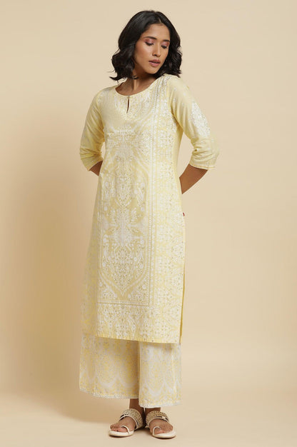 Yellow Glitter Printed Kurta &amp; Parallel Pants - wforwoman