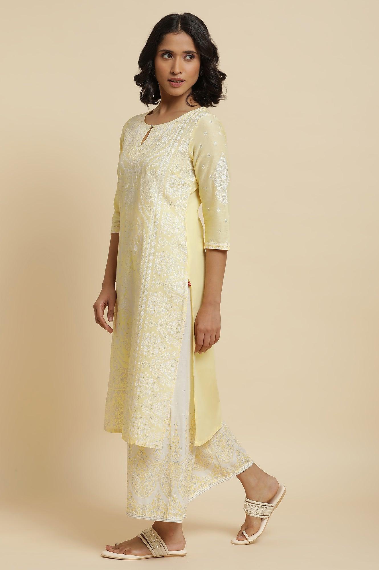 Yellow Glitter Printed Kurta &amp; Parallel Pants - wforwoman