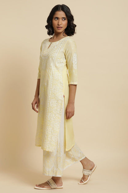 Yellow Glitter Printed Kurta &amp; Parallel Pants - wforwoman