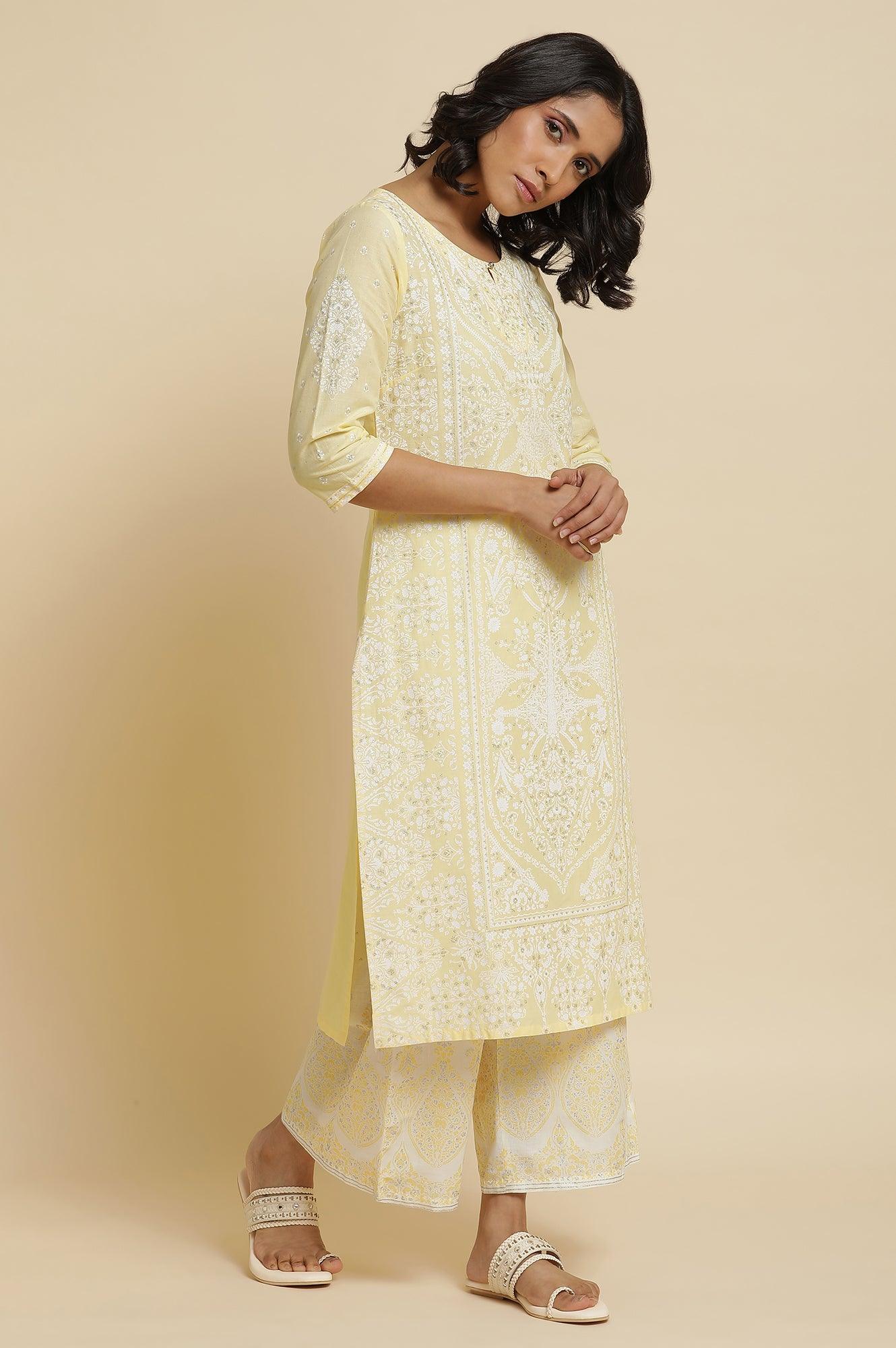 Yellow Glitter Printed Kurta &amp; Parallel Pants - wforwoman