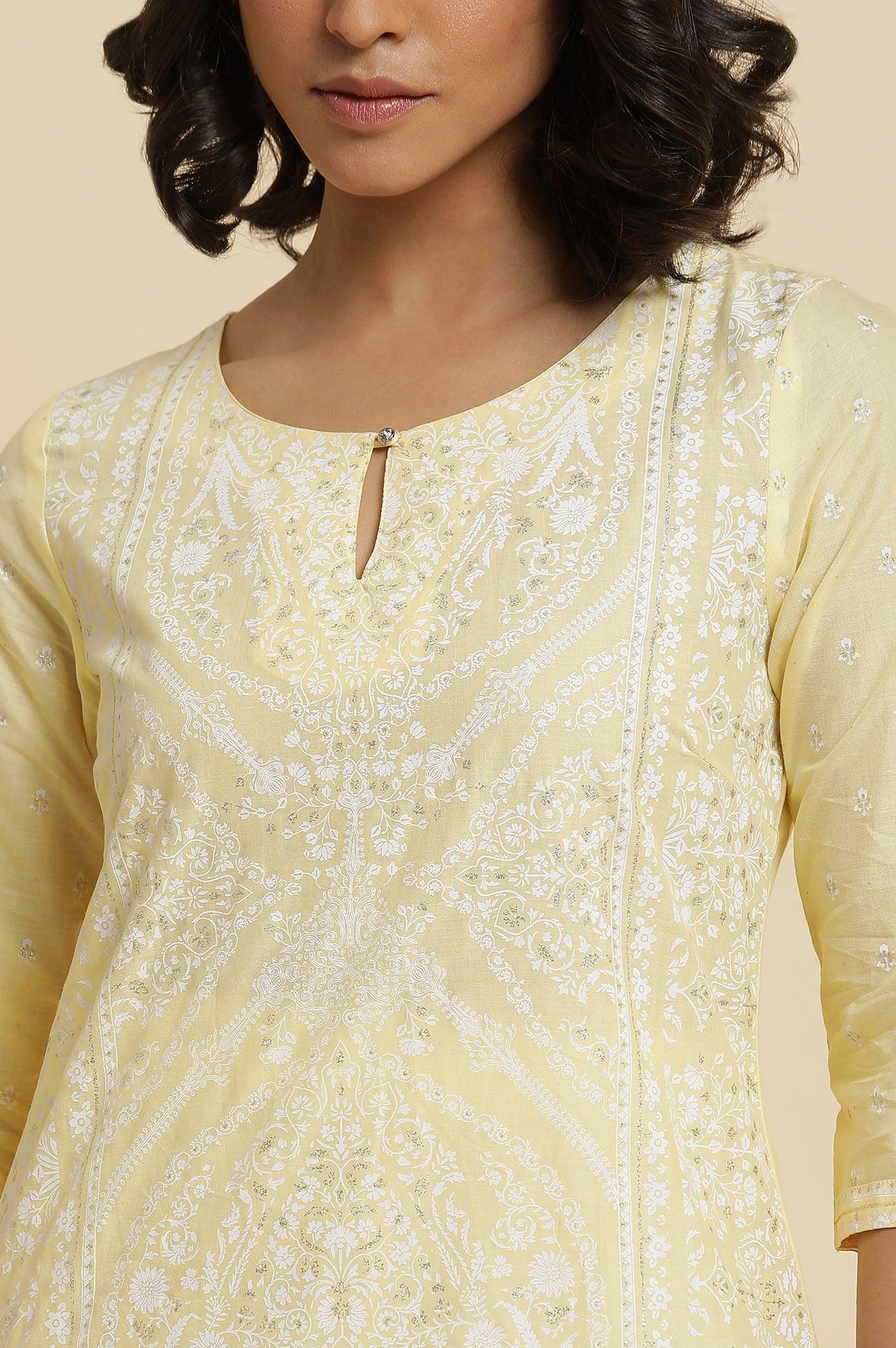 Yellow Glitter Printed Kurta &amp; Parallel Pants - wforwoman
