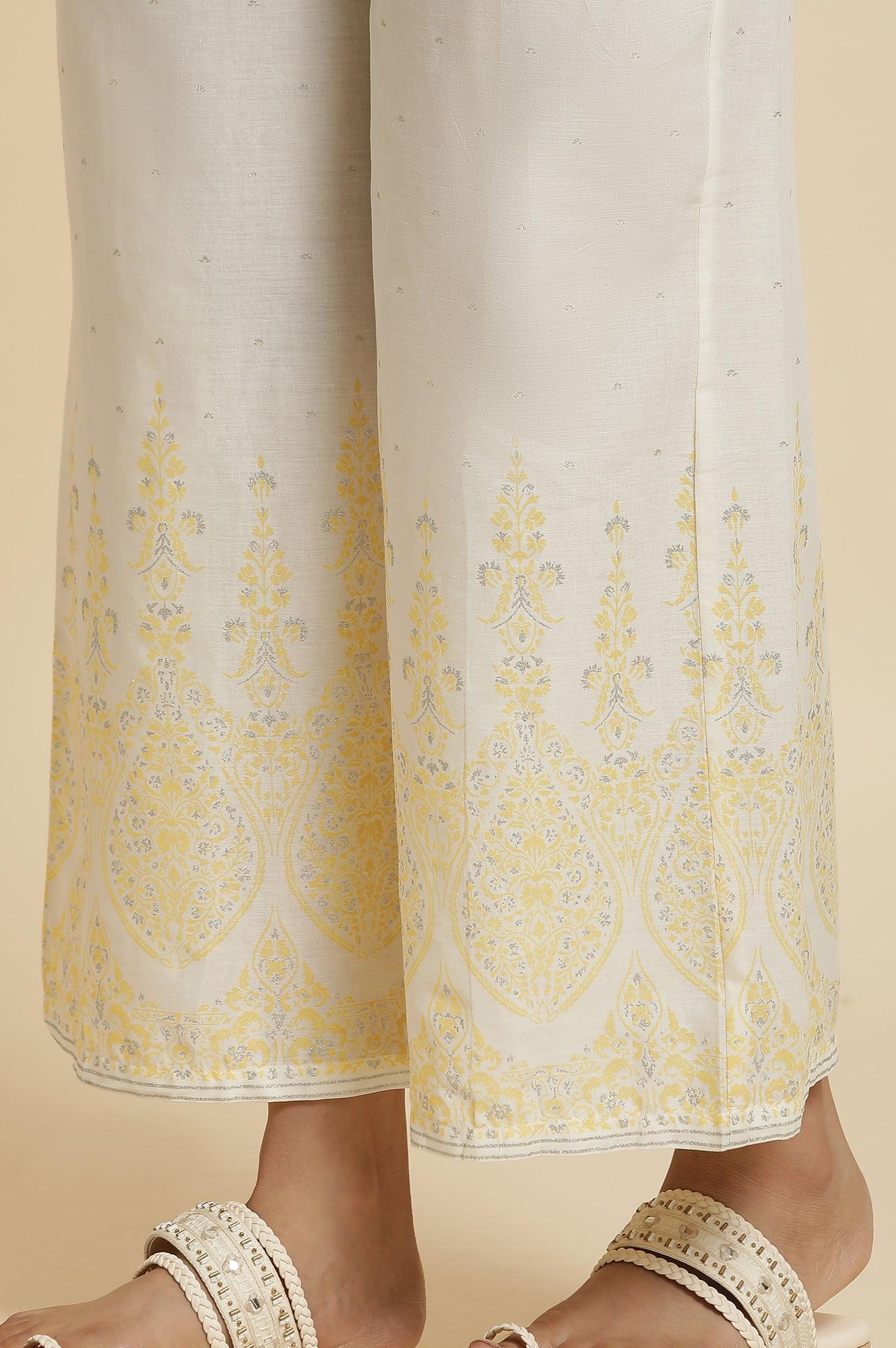 Yellow Glitter Printed Kurta &amp; Parallel Pants - wforwoman