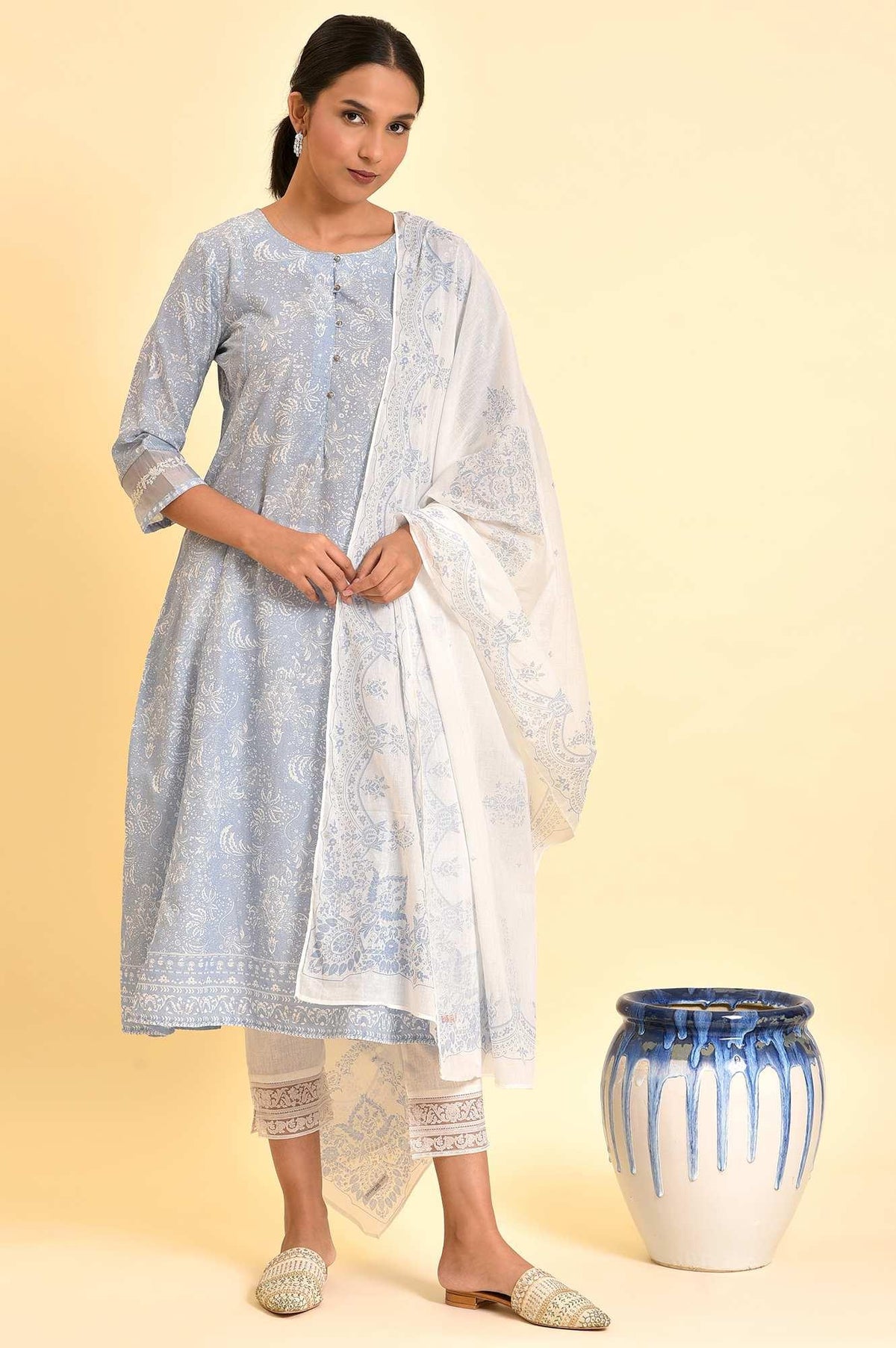 Skyway Blue Printed A-Line Kurta, Pants And Dupatta Set - XS