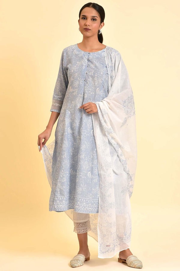 Skyway Blue Printed A-Line Kurta, Pants And Dupatta Set