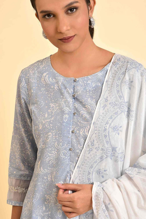 Skyway Blue Printed A-Line Kurta, Pants And Dupatta Set