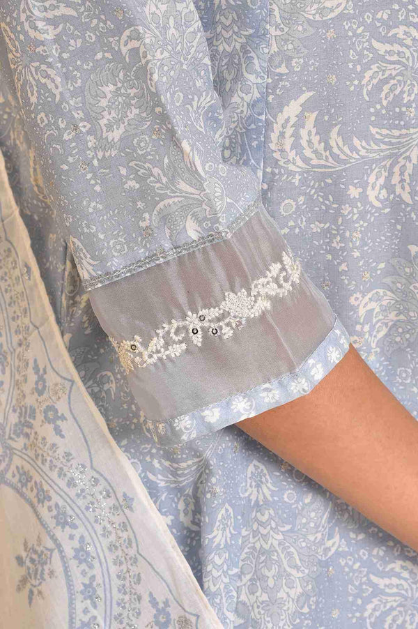 Skyway Blue Printed A-Line Kurta, Pants And Dupatta Set