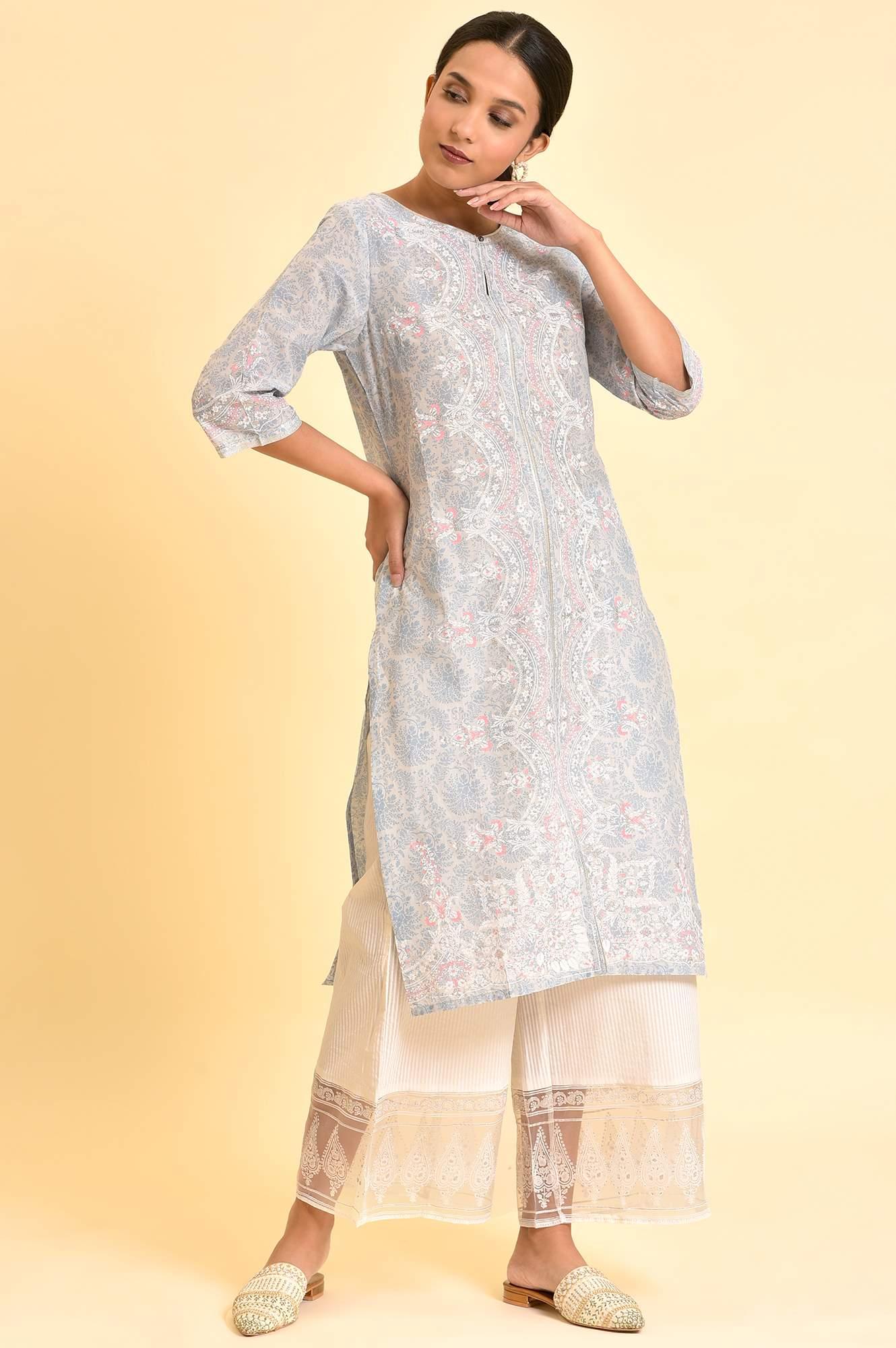 Light Blue Printed Kurta And Parallel Pants Set - wforwoman