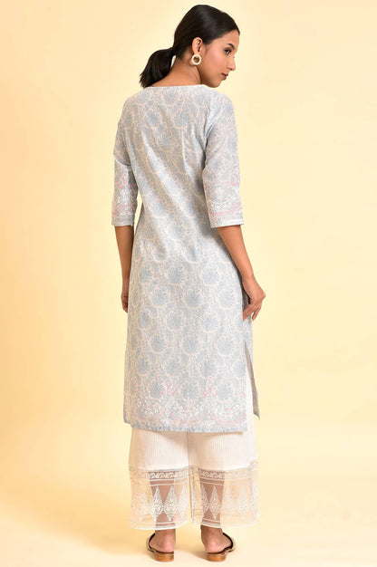 Light Blue Printed Kurta And Parallel Pants Set - wforwoman