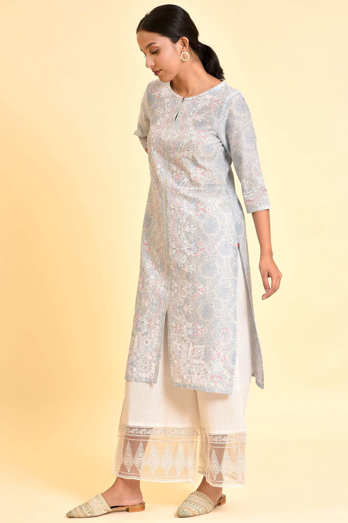 Light Blue Printed Kurta And Parallel Pants Set - wforwoman