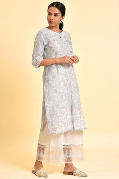 Light Blue Printed Kurta And Parallel Pants Set - wforwoman