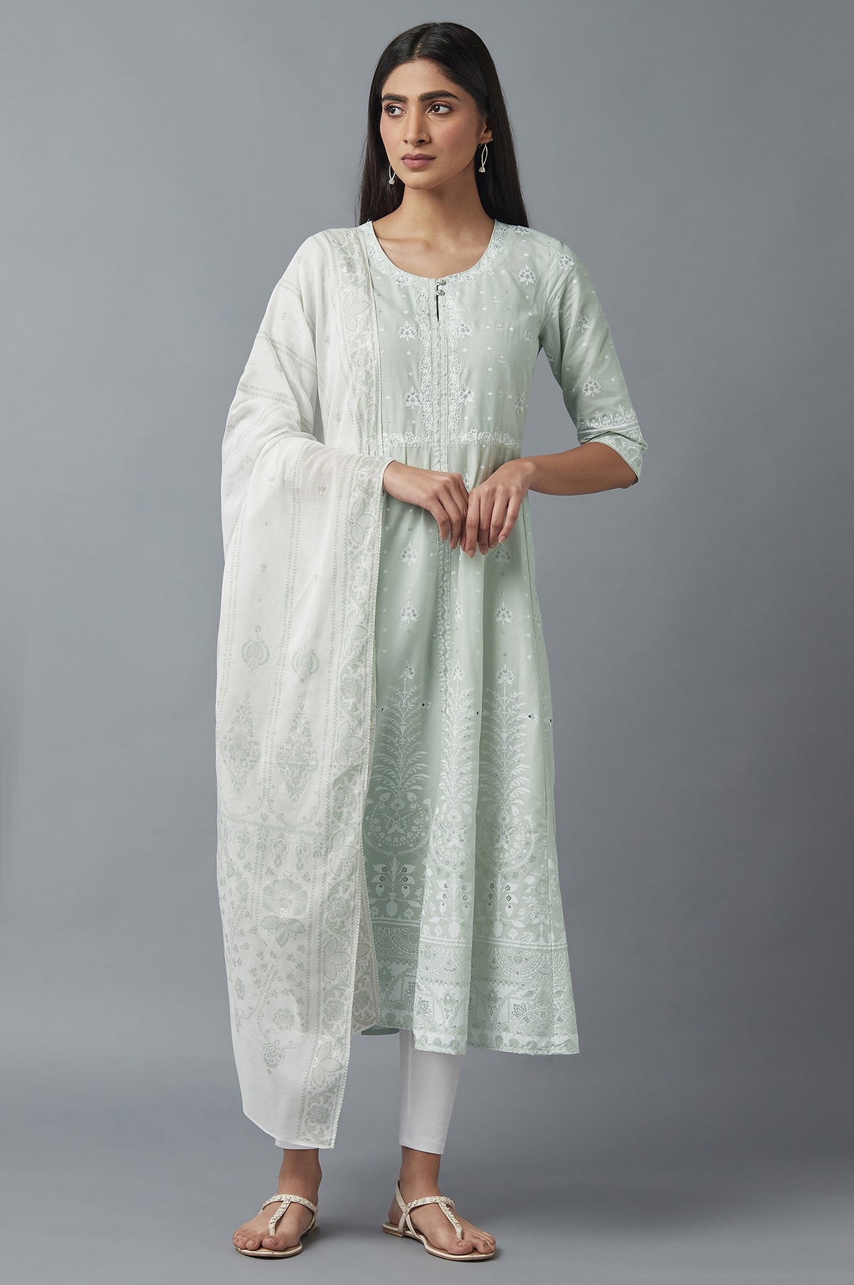 Light Green Printed kurta with Ecru Tights and Dupatta - XS