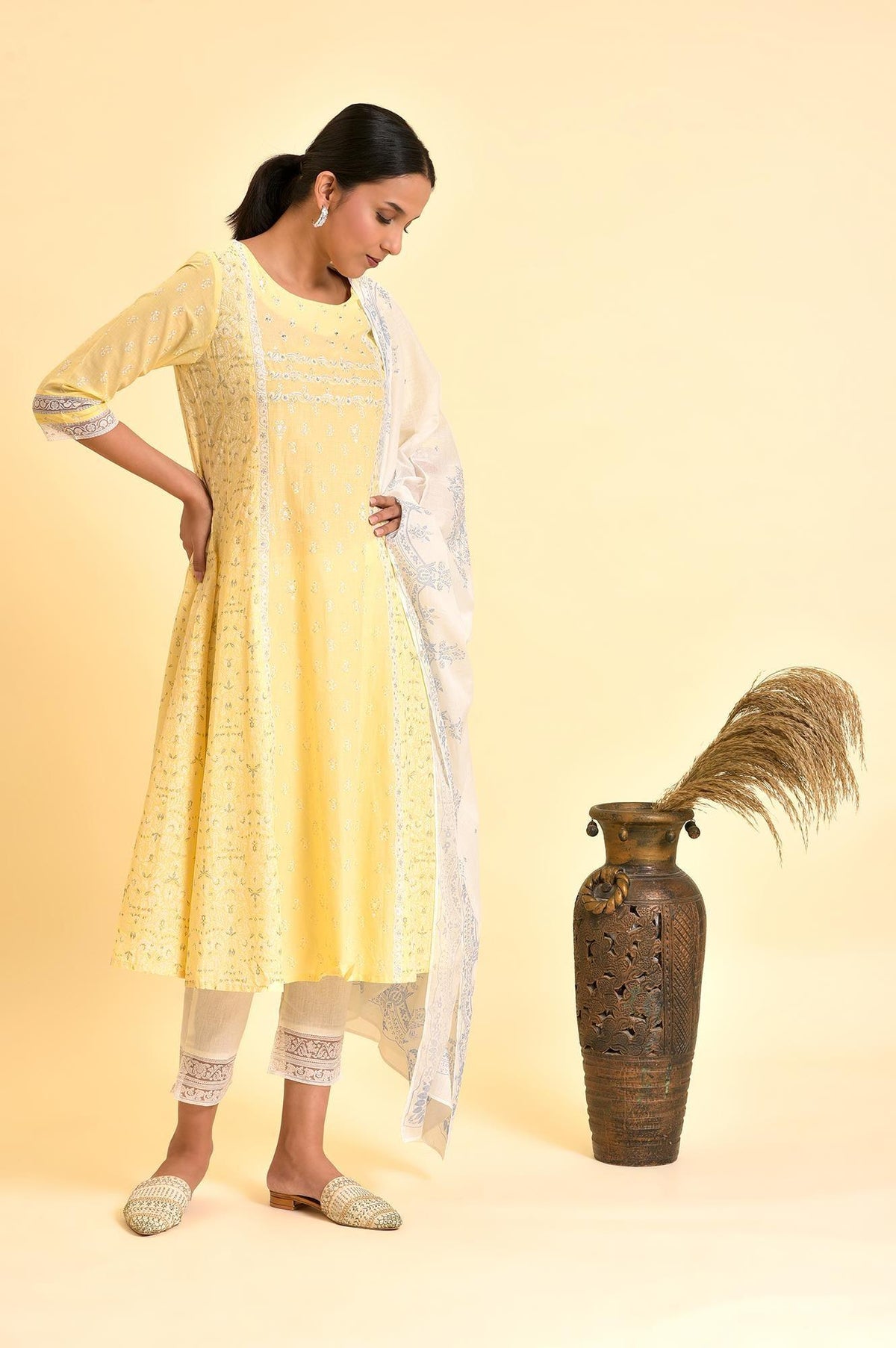 Yellow A-Line Embroidered Kurta, Pants And Dupatta Set - XS