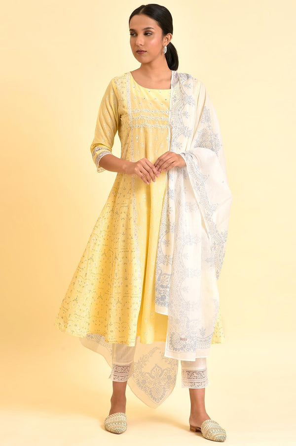 Yellow A-Line Embroidered Kurta, Pants And Dupatta Set