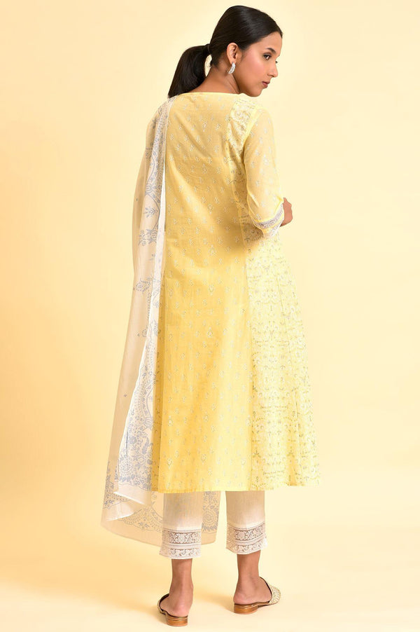 Yellow A-Line Embroidered Kurta, Pants And Dupatta Set