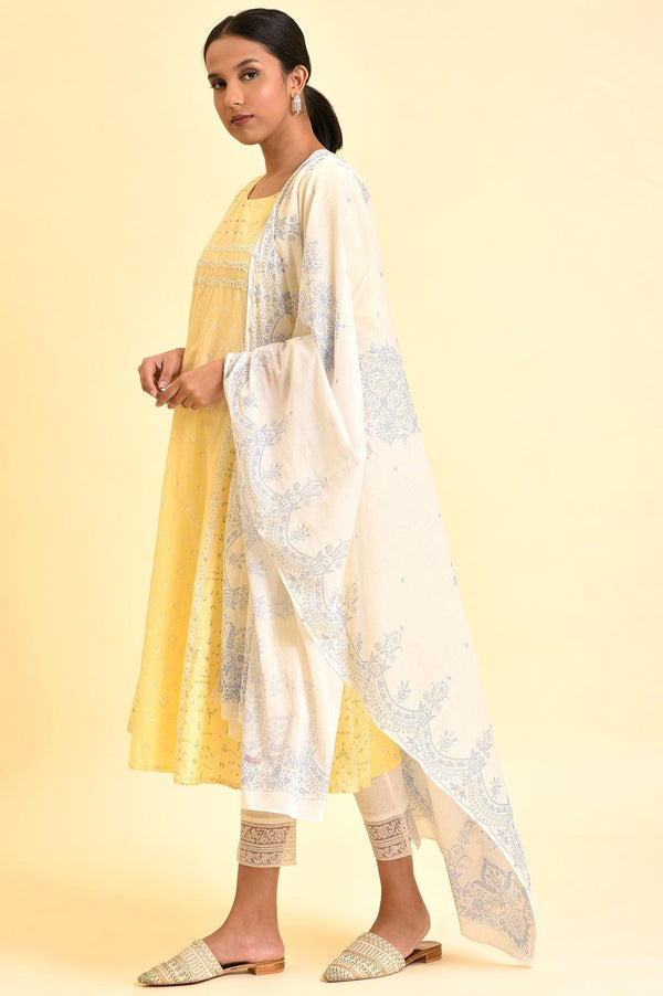 Yellow A-Line Embroidered Kurta, Pants And Dupatta Set
