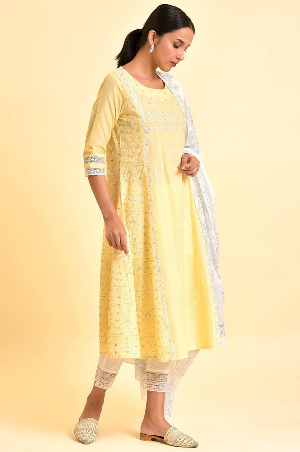 Yellow A-Line Embroidered Kurta, Pants And Dupatta Set