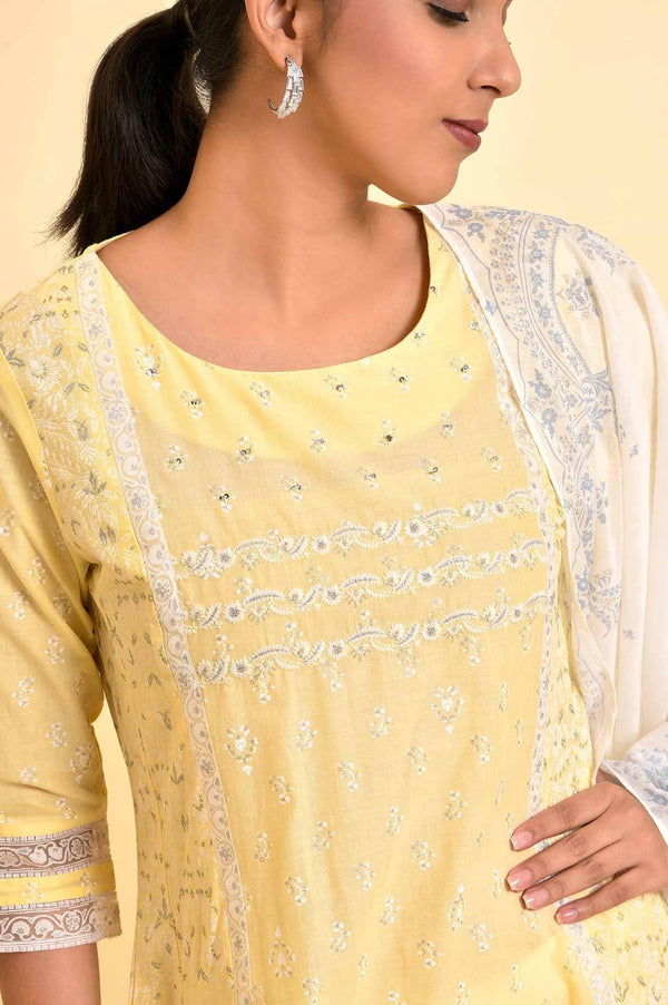 Yellow A-Line Embroidered Kurta, Pants And Dupatta Set