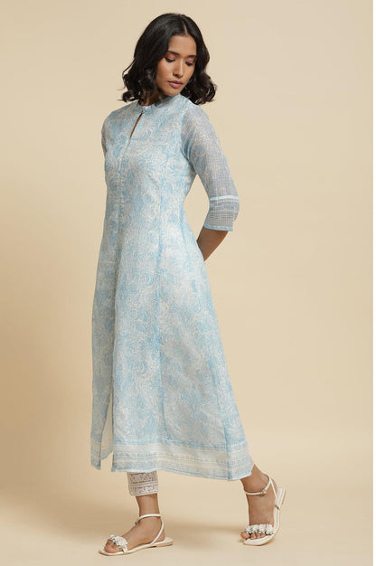 Blue Printed Kota Kurta &amp; Pants Set - wforwoman