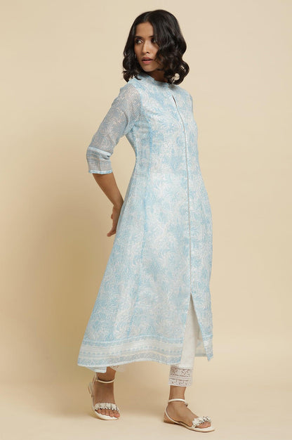 Blue Printed Kota Kurta &amp; Pants Set - wforwoman