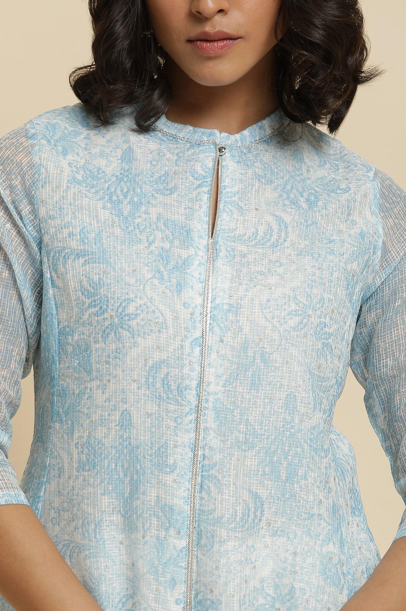 Blue Printed Kota Kurta &amp; Pants Set - wforwoman